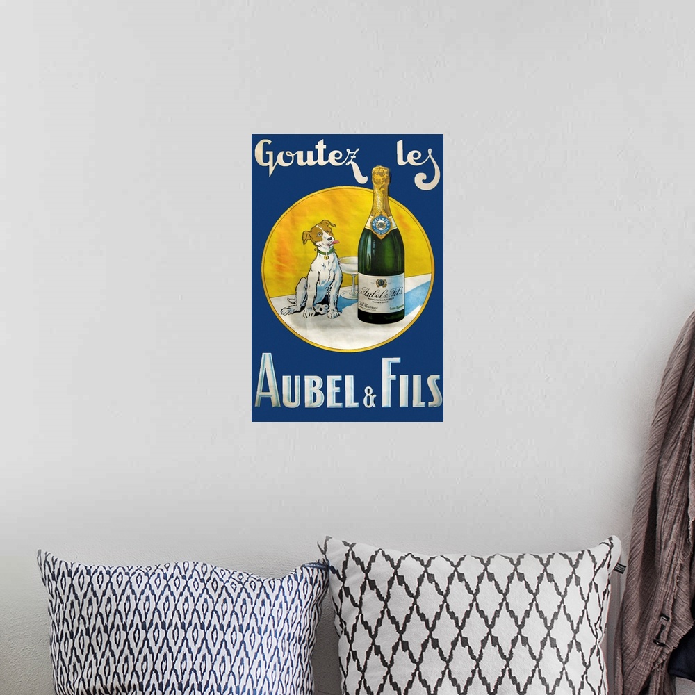 A bohemian room featuring Vintage poster advertisement for Aubel.