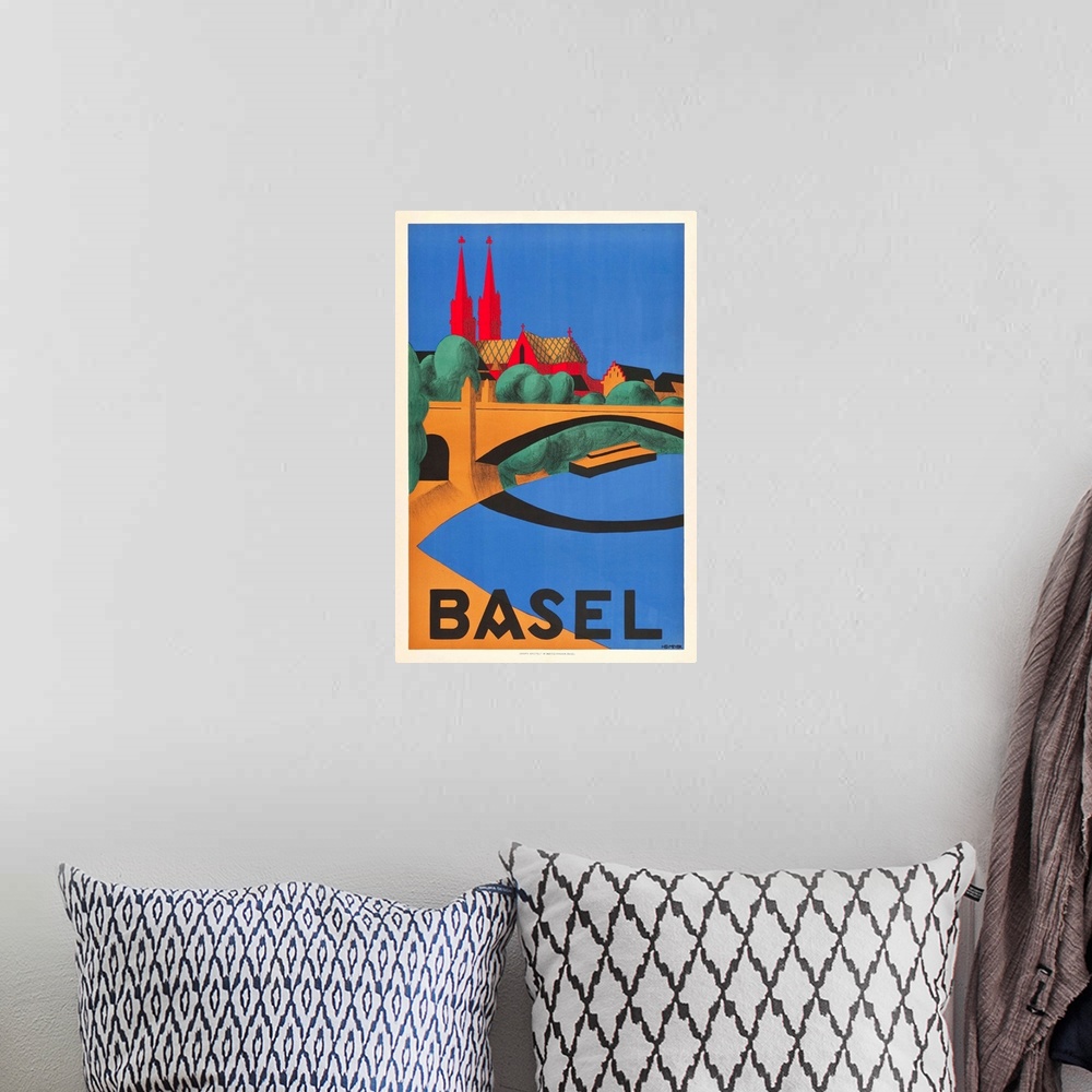 A bohemian room featuring Vintage travel advertisement for Basel, Switzerland.