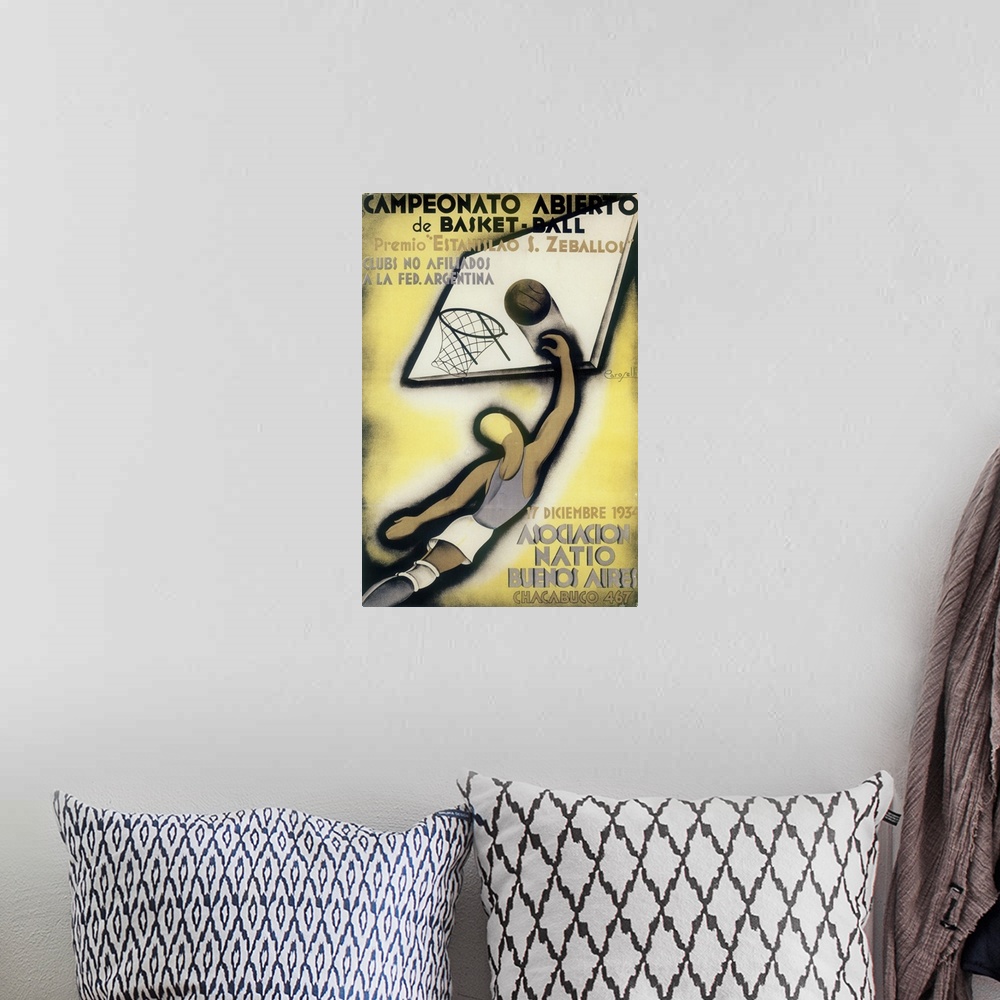 A bohemian room featuring Vintage poster advertisement for basketball.