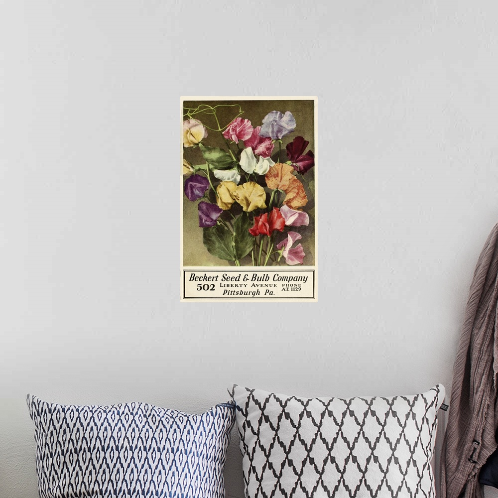 A bohemian room featuring Vintage poster advertisement for Becket Seed.
