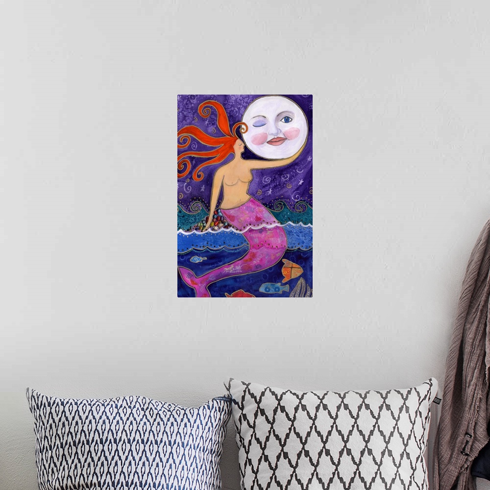 A bohemian room featuring A mermaid with a pink tail holding the moon.