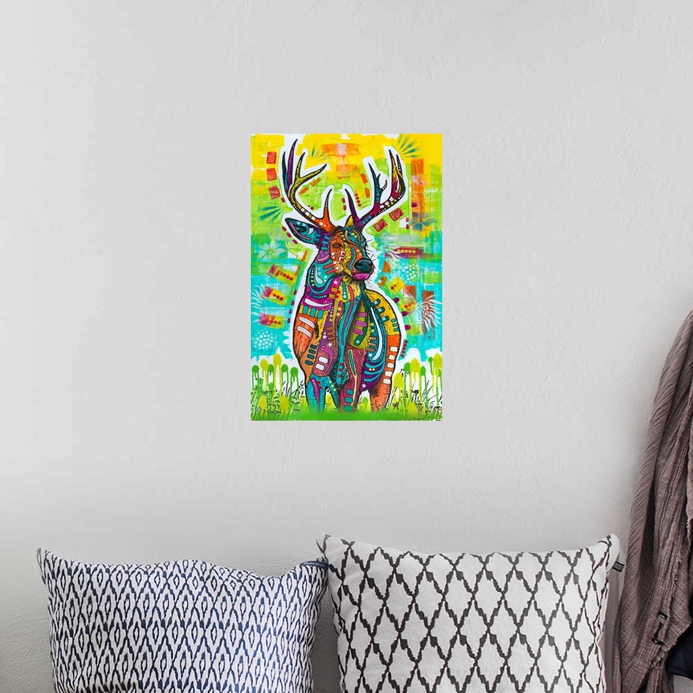 A bohemian room featuring Contemporary stencil painting of a deer filled with various colors and patterns.