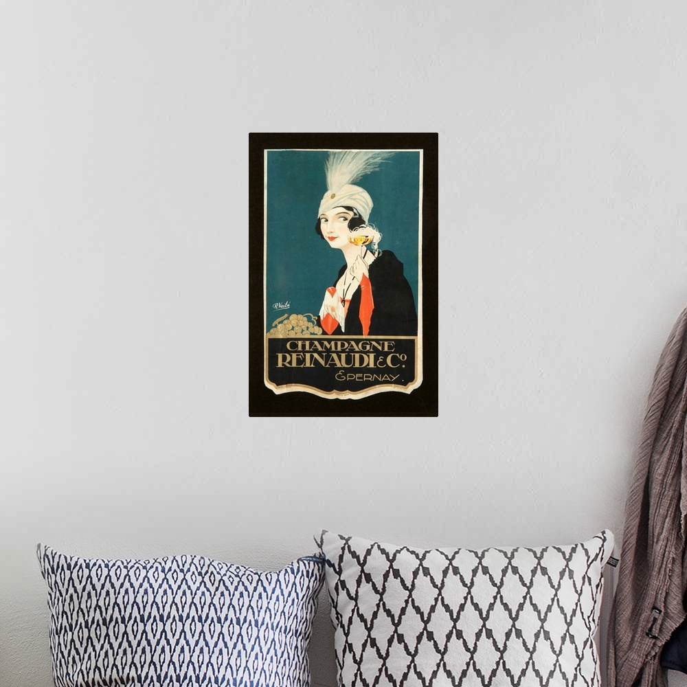 A bohemian room featuring Vintage poster advertisement for Champagne Renaudi.