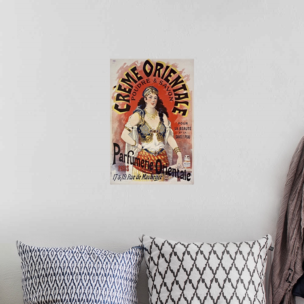 A bohemian room featuring Vintage poster advertisement for Creme Orientele.