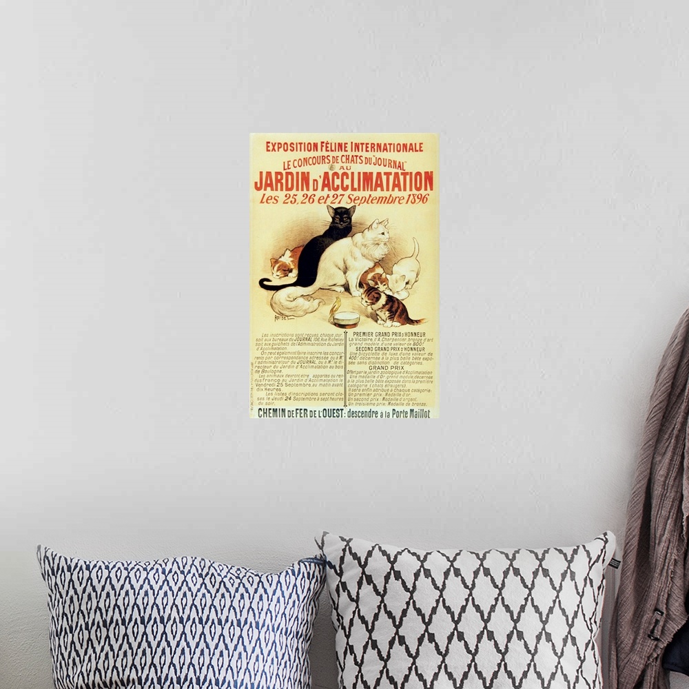 A bohemian room featuring Vintage poster advertisement for Exposition Feline.
