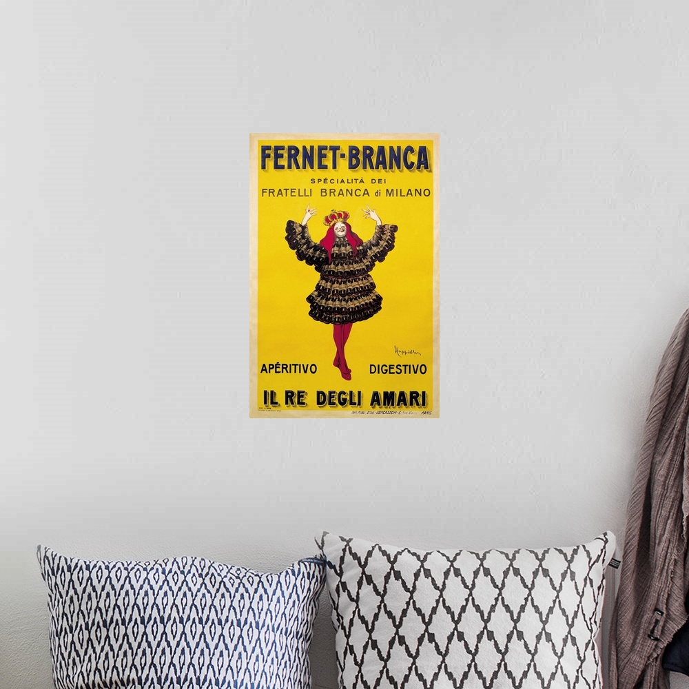 A bohemian room featuring Vintage advertisement artwork for Fernet Branca Yellow.