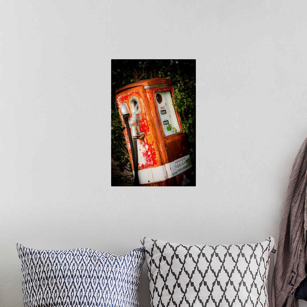 A bohemian room featuring Photograph of a vintage gas pump surrounded by green foliage.
