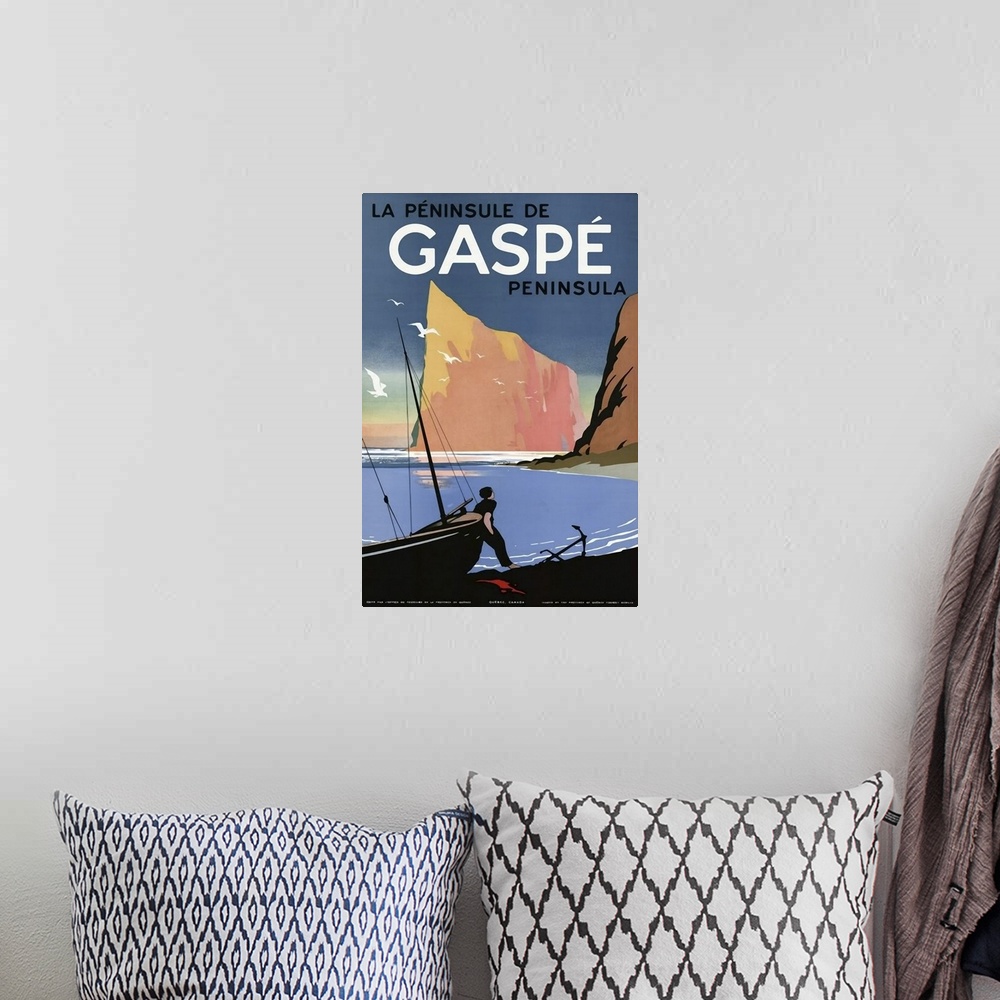 A bohemian room featuring Vintage poster advertisement for Gaspe.