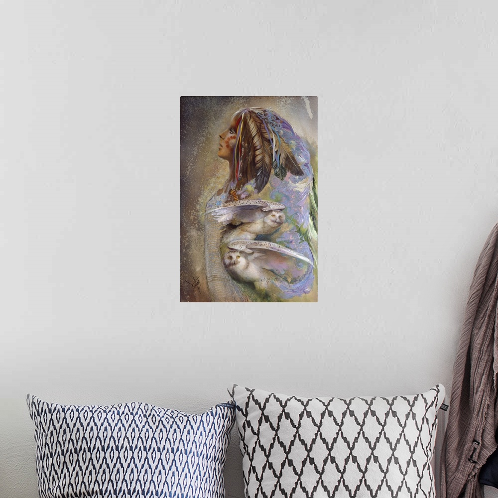 A bohemian room featuring A contemporary painting of a Native American woman looking upward with images of white owls in th...
