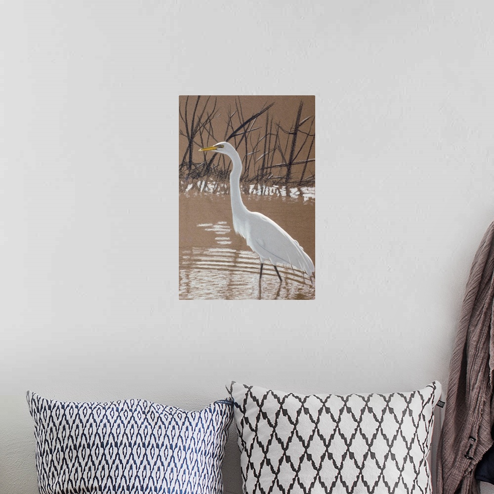 A bohemian room featuring An egret standing in the water