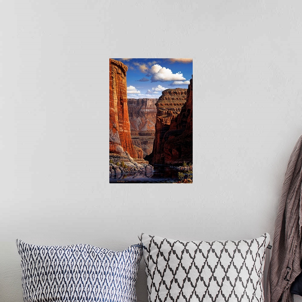 A bohemian room featuring Contemporary landscape painting of the Grand Canyon as seen from the river on the canyon floor.