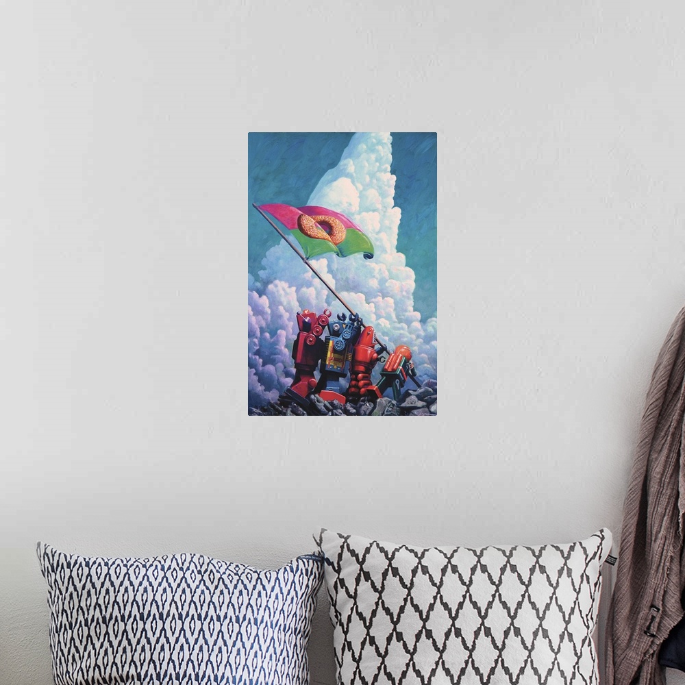 A bohemian room featuring A contemporary painting of four retro toy robots raising a flag with a donut on it recreating an ...