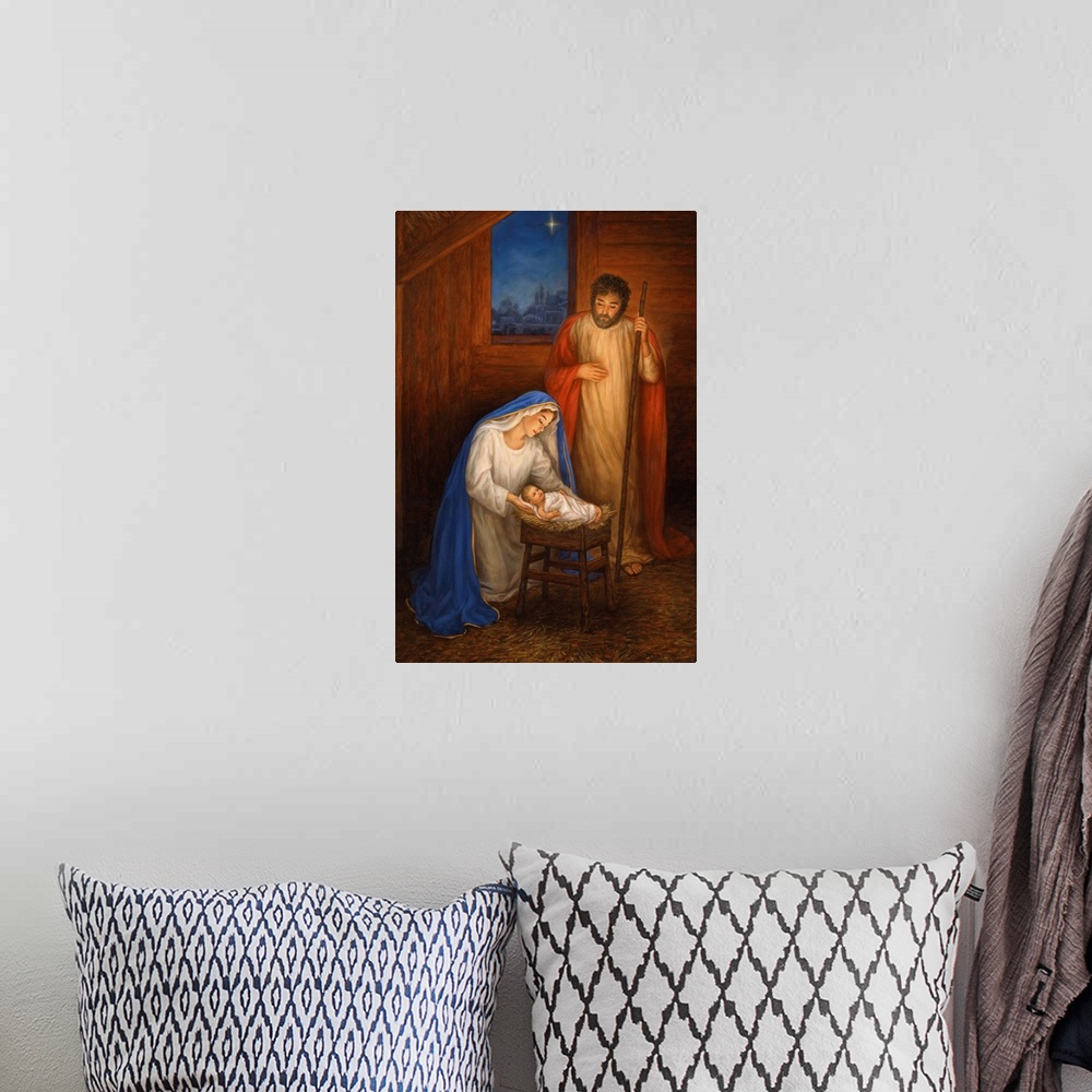 A bohemian room featuring Jesus, Mary, and Joseph