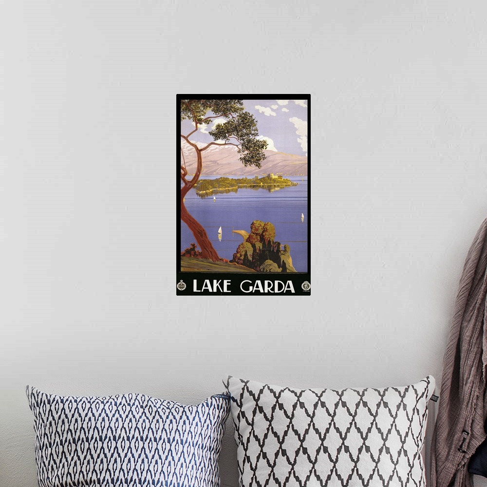 A bohemian room featuring Lake Garda - Vintage Travel Advertisement