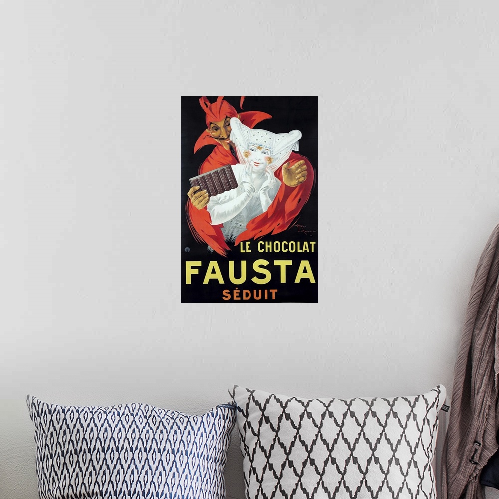 A bohemian room featuring Vintage poster advertisement for Le Chocolat Fausta.