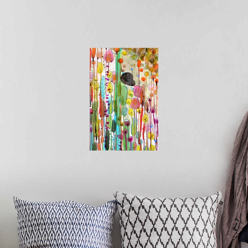 A bohemian room featuring Contemporary painting of a bird against a colorful background.