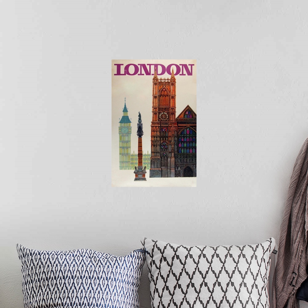 A bohemian room featuring Vintage poster advertisement for London Big Ben.