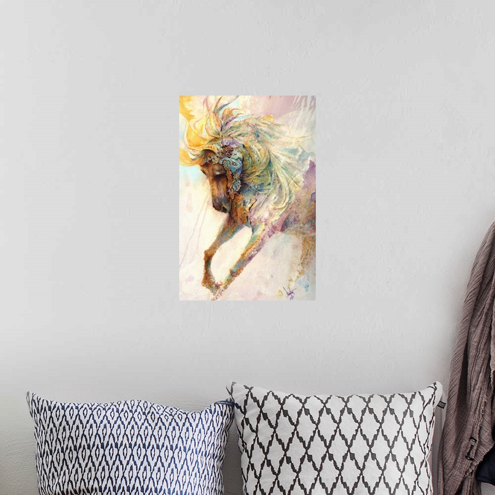 A bohemian room featuring Contemporary painting of a horse with a colorful magical looking mane.