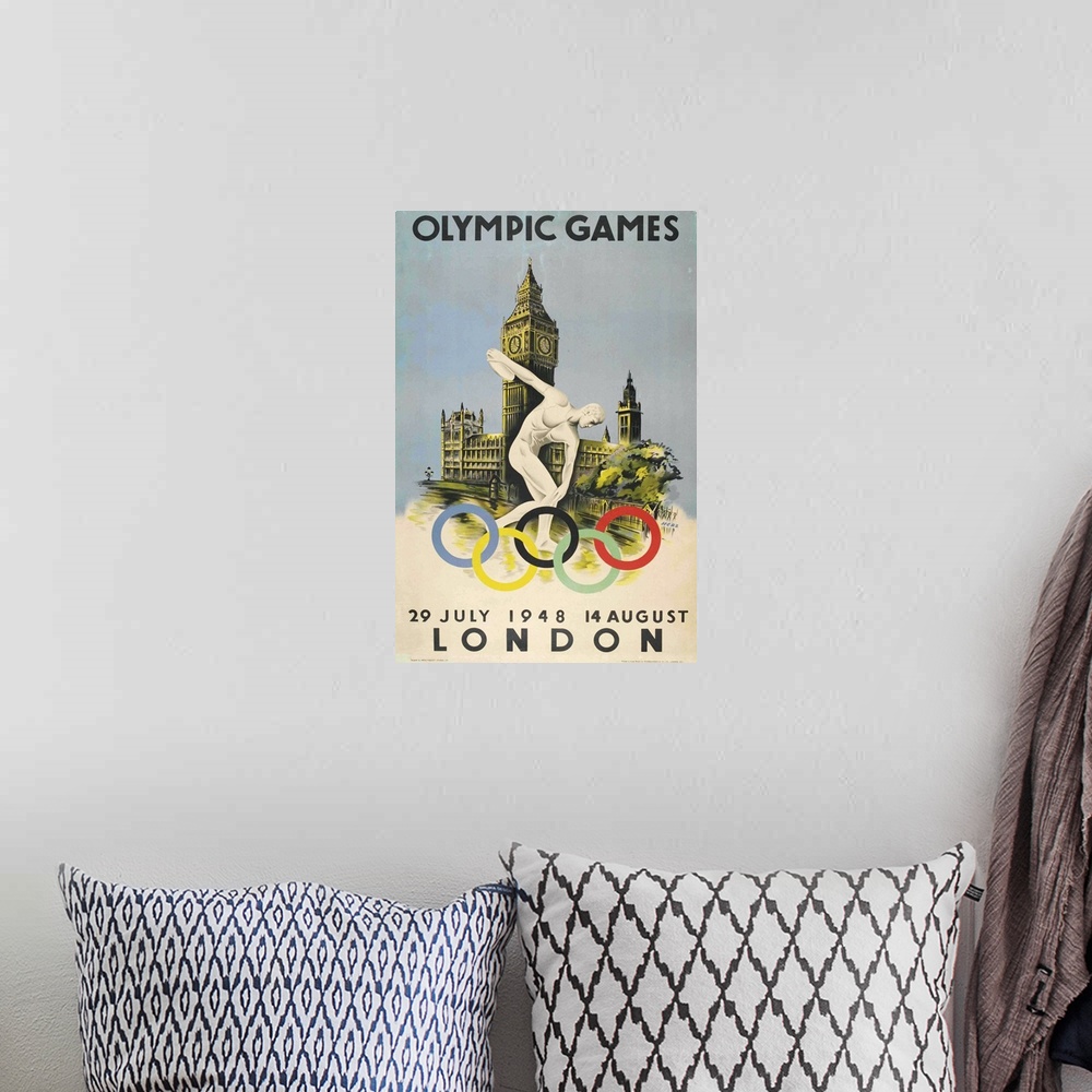 A bohemian room featuring Vintage poster advertisement for Official Poster for London Olympic Games 1948 Walter Herz.