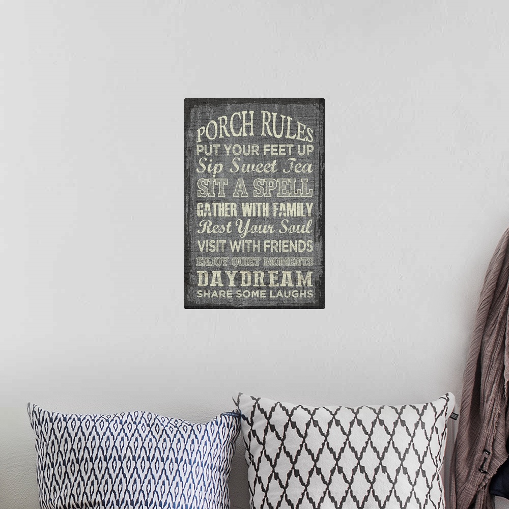 A bohemian room featuring Porch Rules