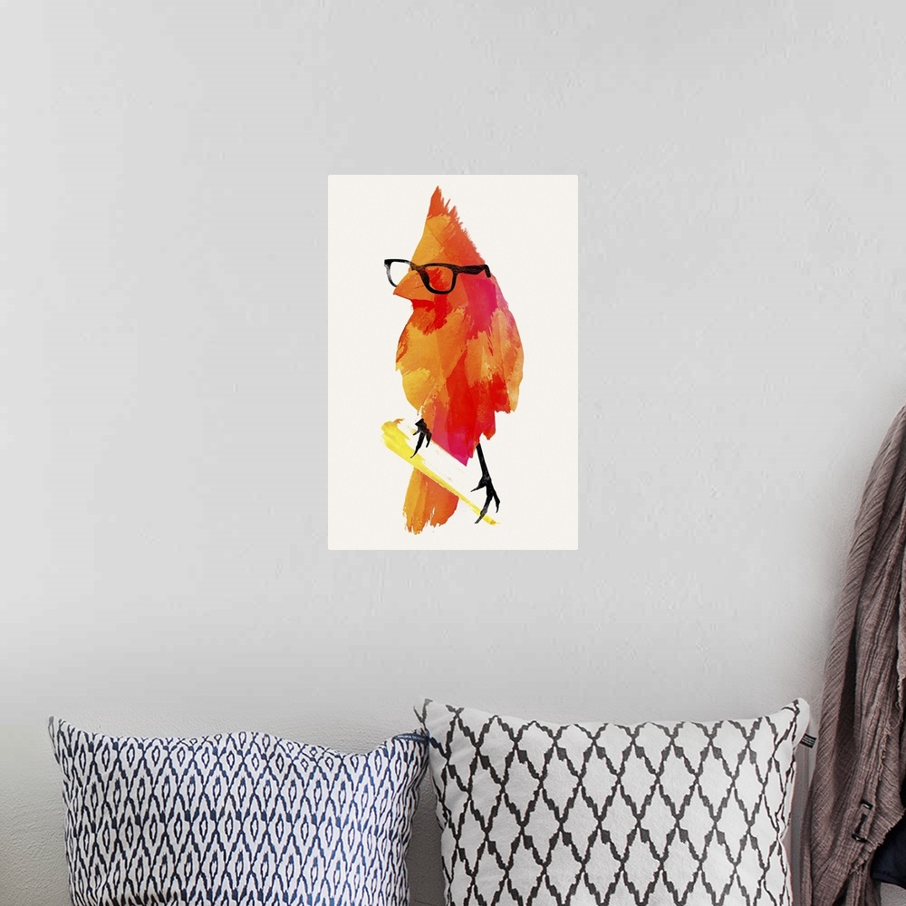 A bohemian room featuring Contemporary artwork of a cardinal wearing a pair of black rim glasses.