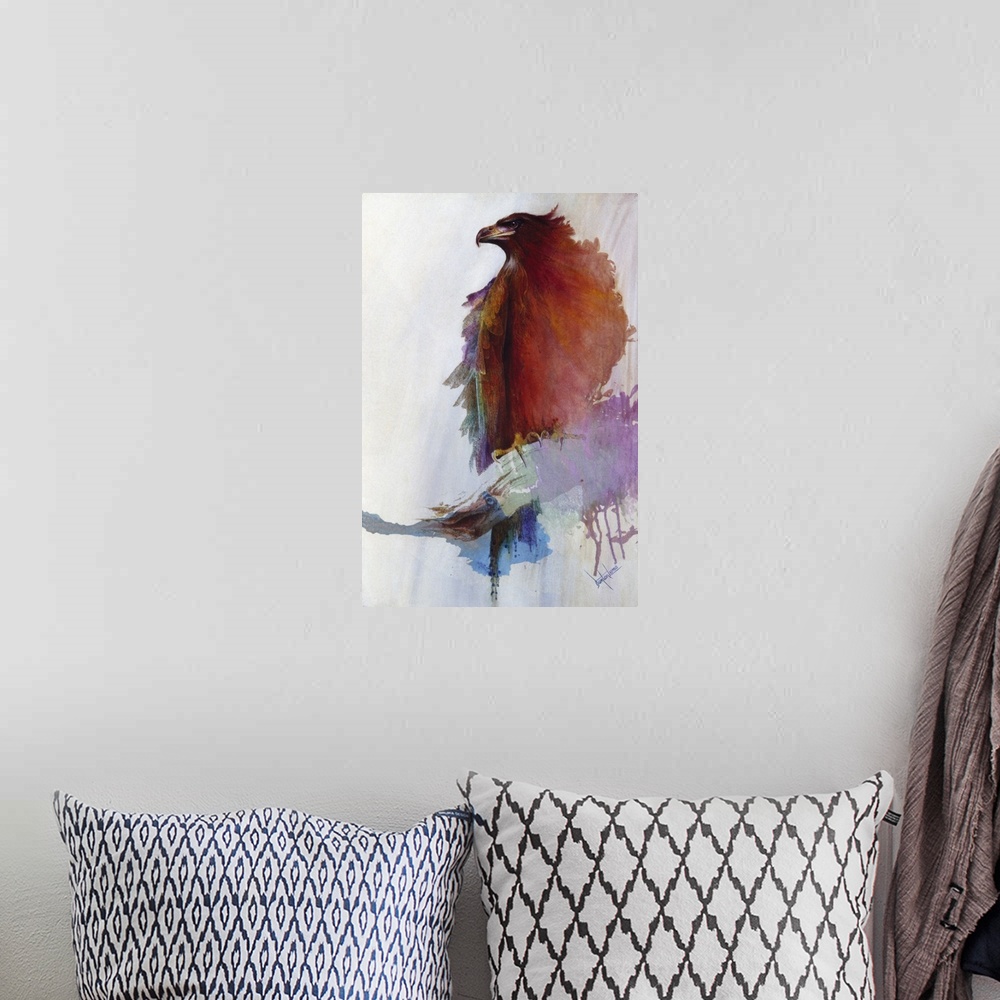 A bohemian room featuring A contemporary painting of an eagle silhouette with vibrant shades of red, purple and orange blee...