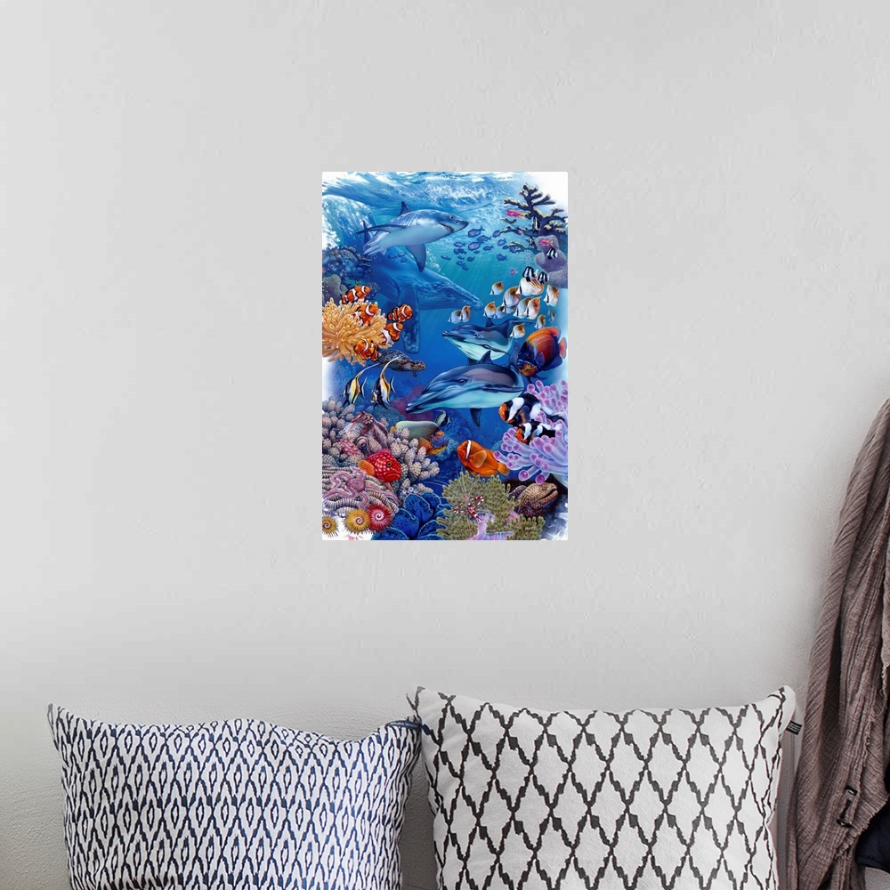 A bohemian room featuring underwater scene with dolphins, shark, clown fish