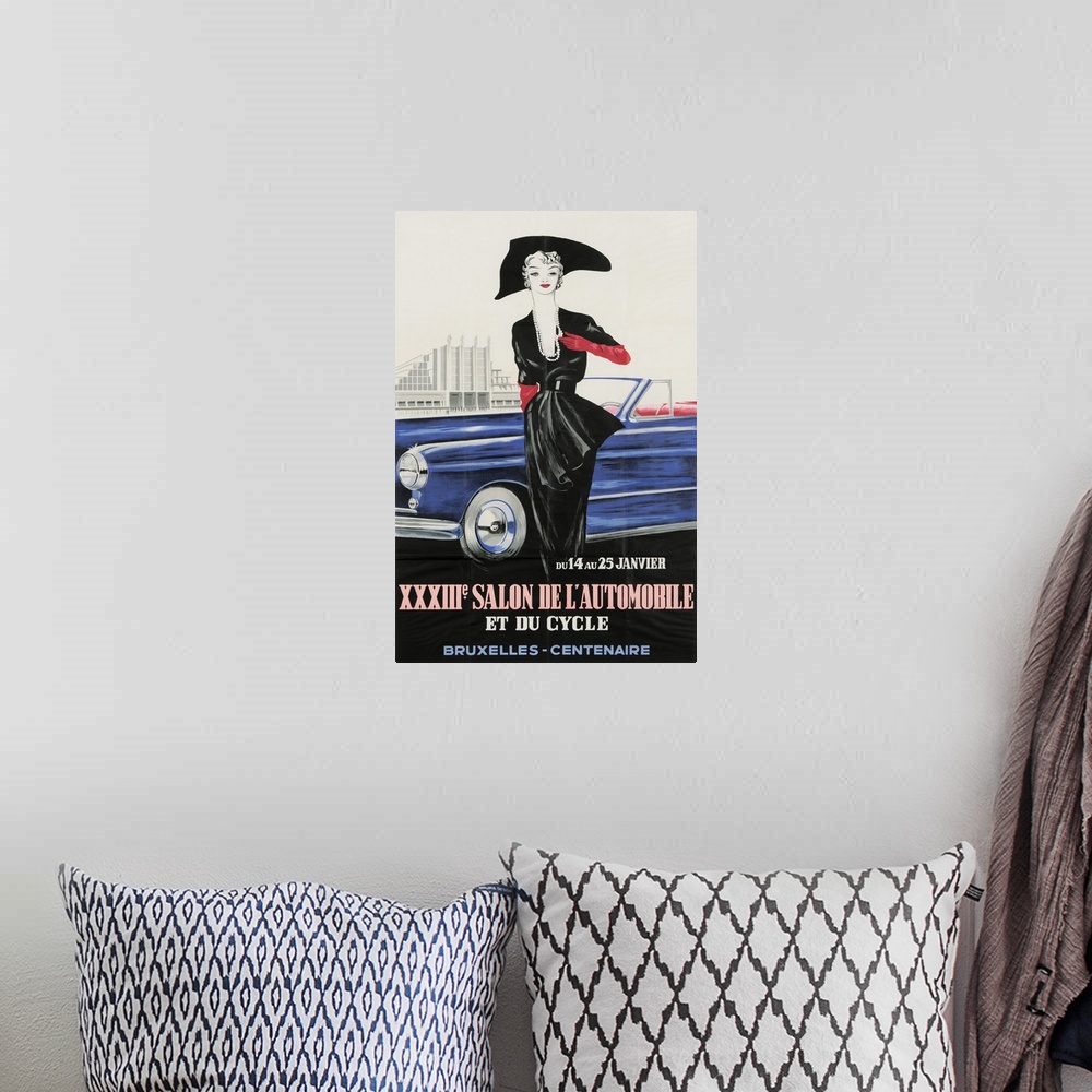 A bohemian room featuring Vintage poster advertisement for Salon De Automobile Bruxelles.