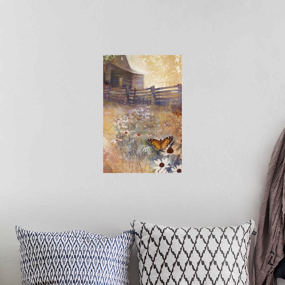 A bohemian room featuring A contemporary painting of a butterfly on wildflowers seen outside of a country home.