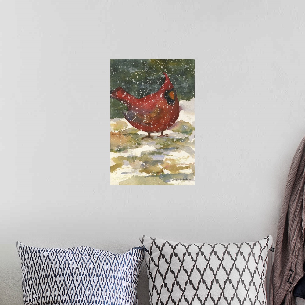 A bohemian room featuring Contemporary watercolor painting of a cardinal in the snow.