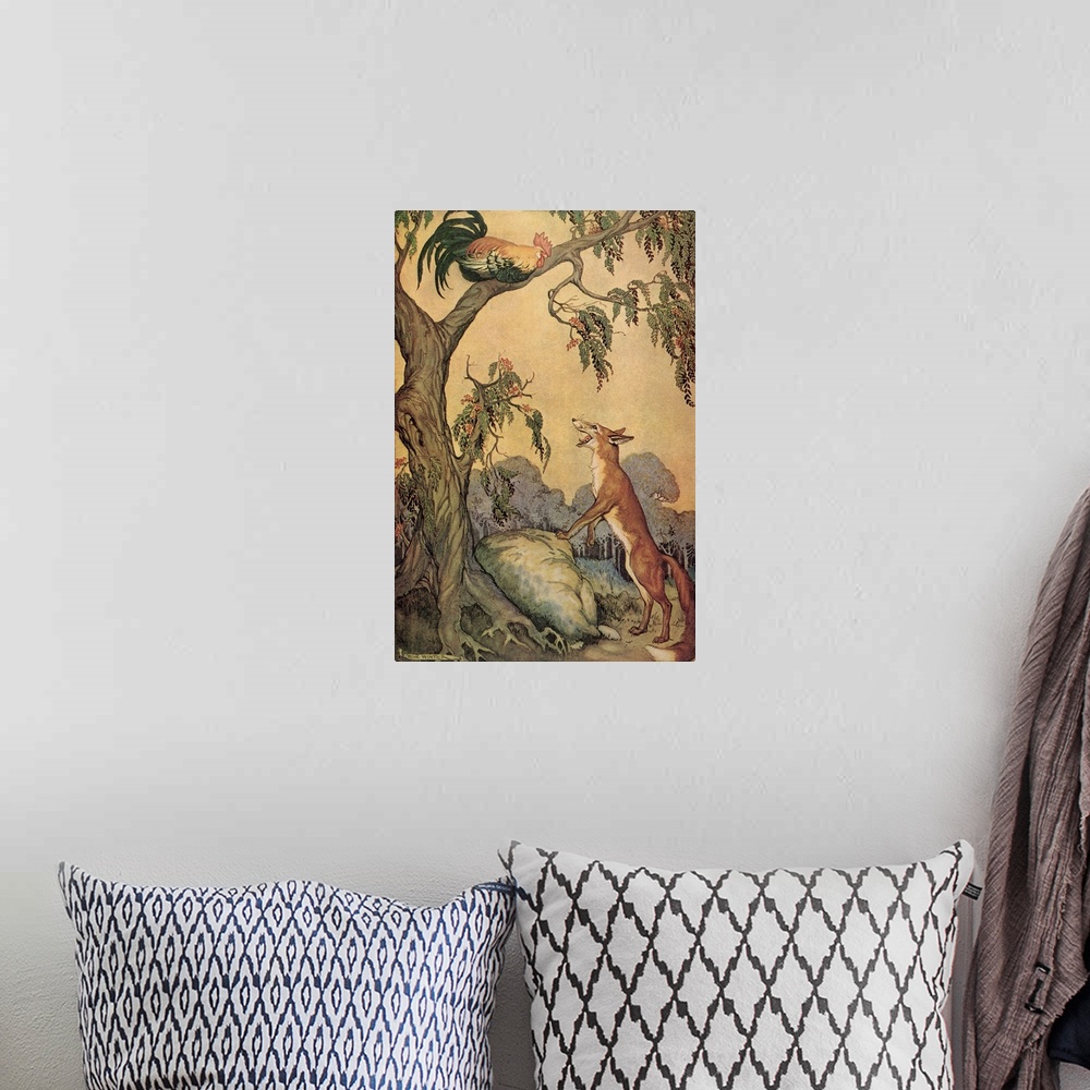 A bohemian room featuring A vintage illustration of a fox looking at a rooster sitting up in a tree.