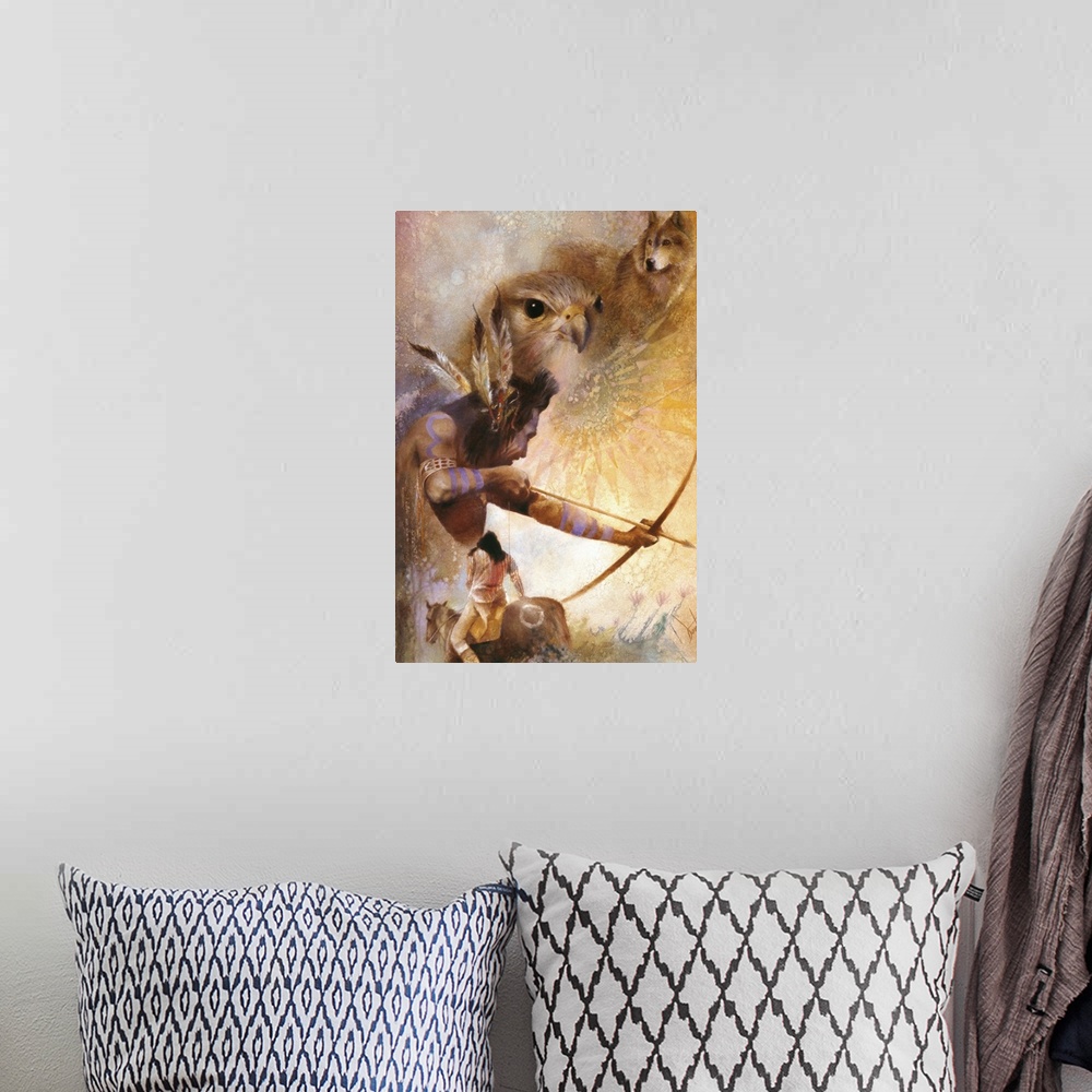 A bohemian room featuring A contemporary painting of a Native American man pulling back on a bow about to release an arrow,...