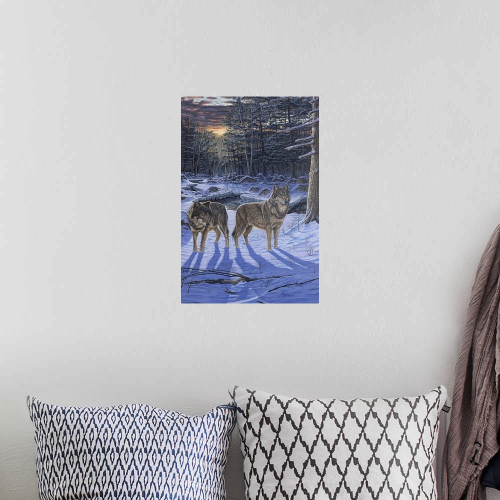 A bohemian room featuring Contemporary artwork of two wolves in wintery forest scene.