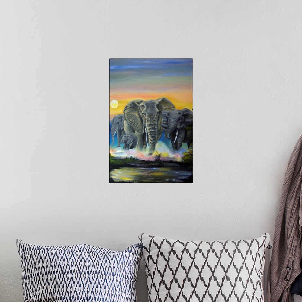 A bohemian room featuring Contemporary artwork of elephants running through a stream at sunset.