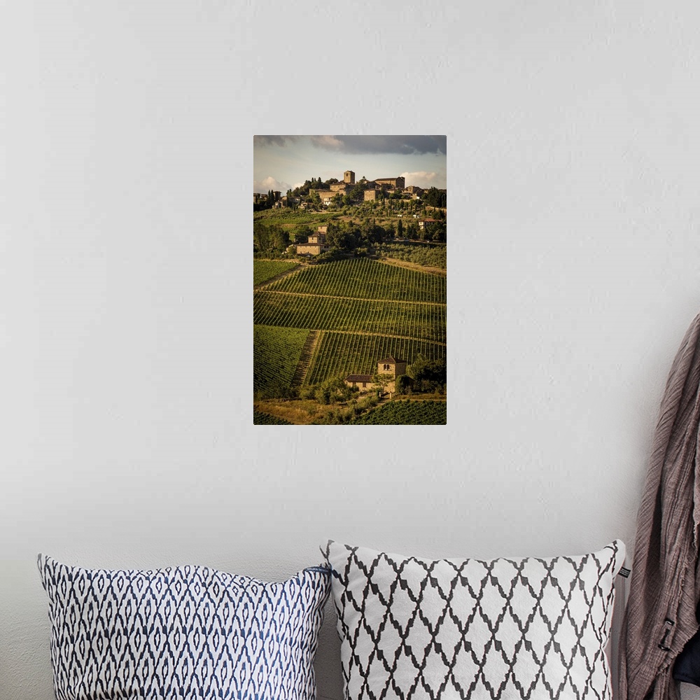 A bohemian room featuring A photograph of a Tuscan landscape covered in vineyards.