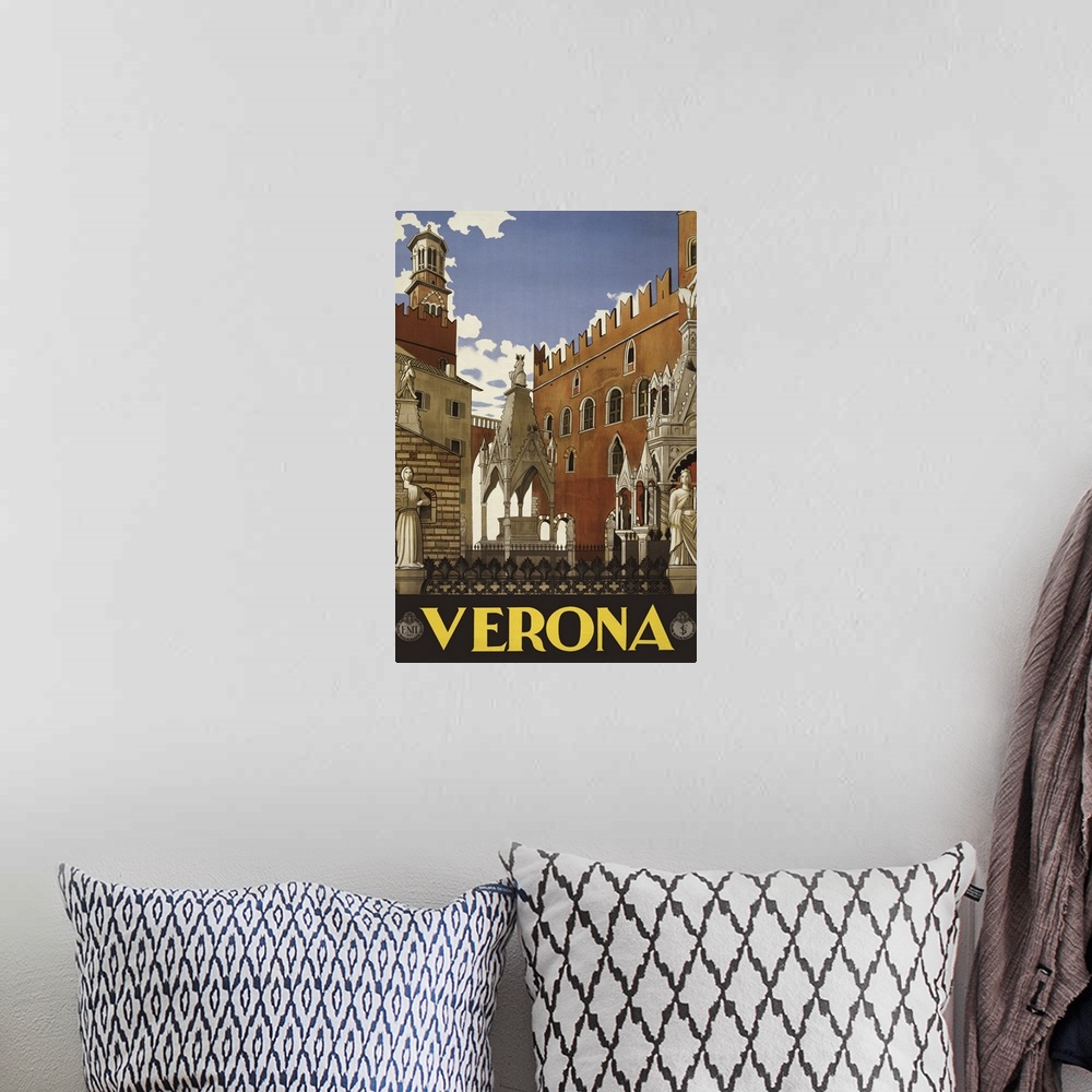 A bohemian room featuring Verona - Vintage Travel Advertisement