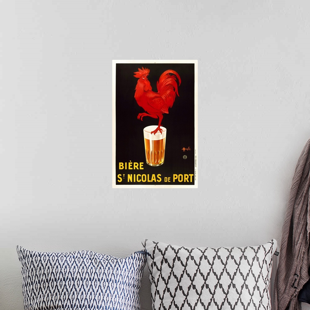 A bohemian room featuring VINTAGE POSTERbeer glass and roosterBIERE S'NICOLAS DE PORTman cave