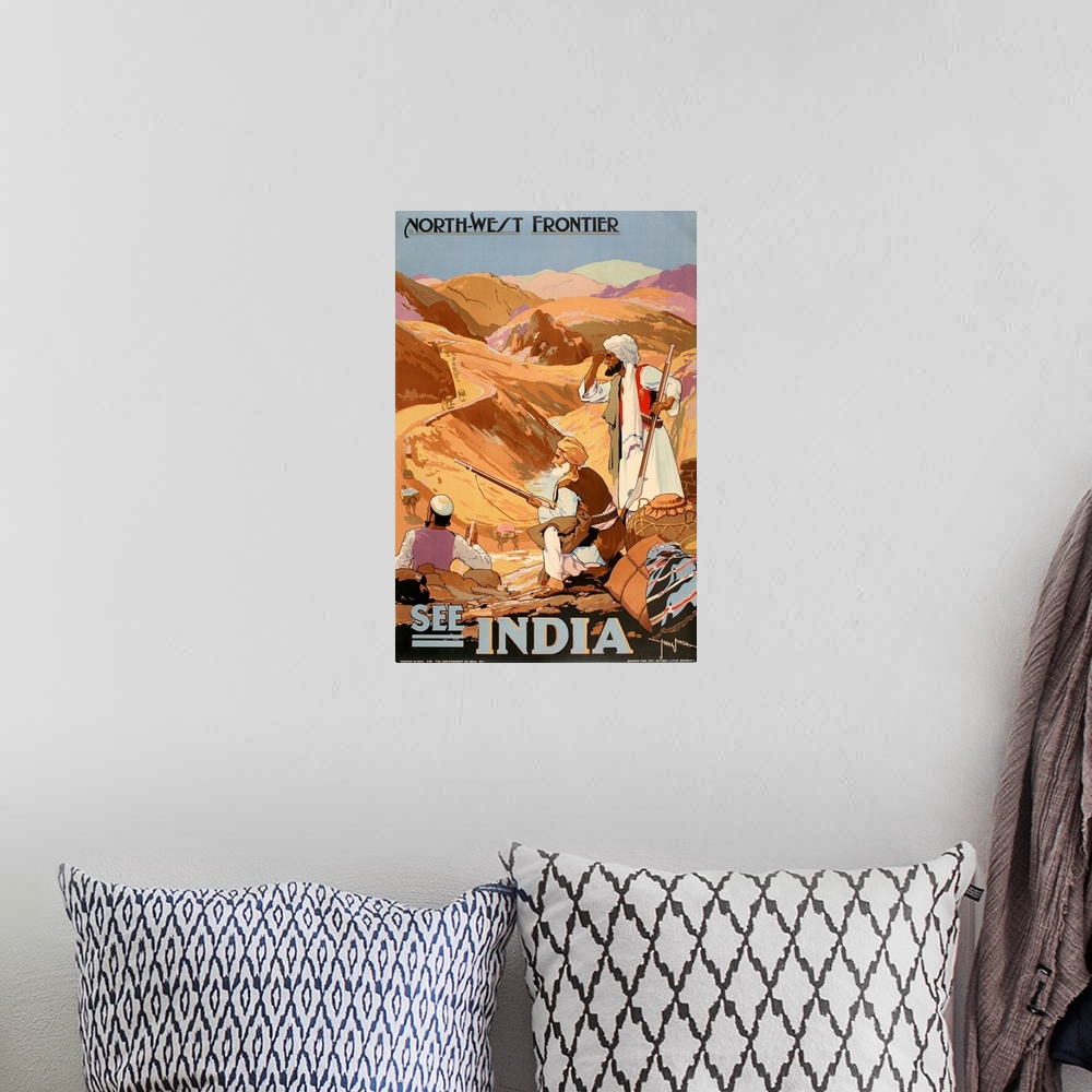 A bohemian room featuring Vintage Travel Poster for See India - the Northwest Frontier