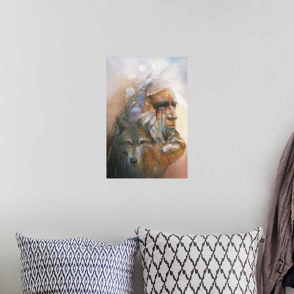 A bohemian room featuring A contemporary painting of an elderly Native American man surrounded by wolves and feathers.