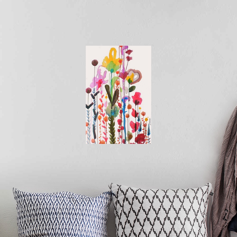 A bohemian room featuring Contemporary colorful abstract painting.