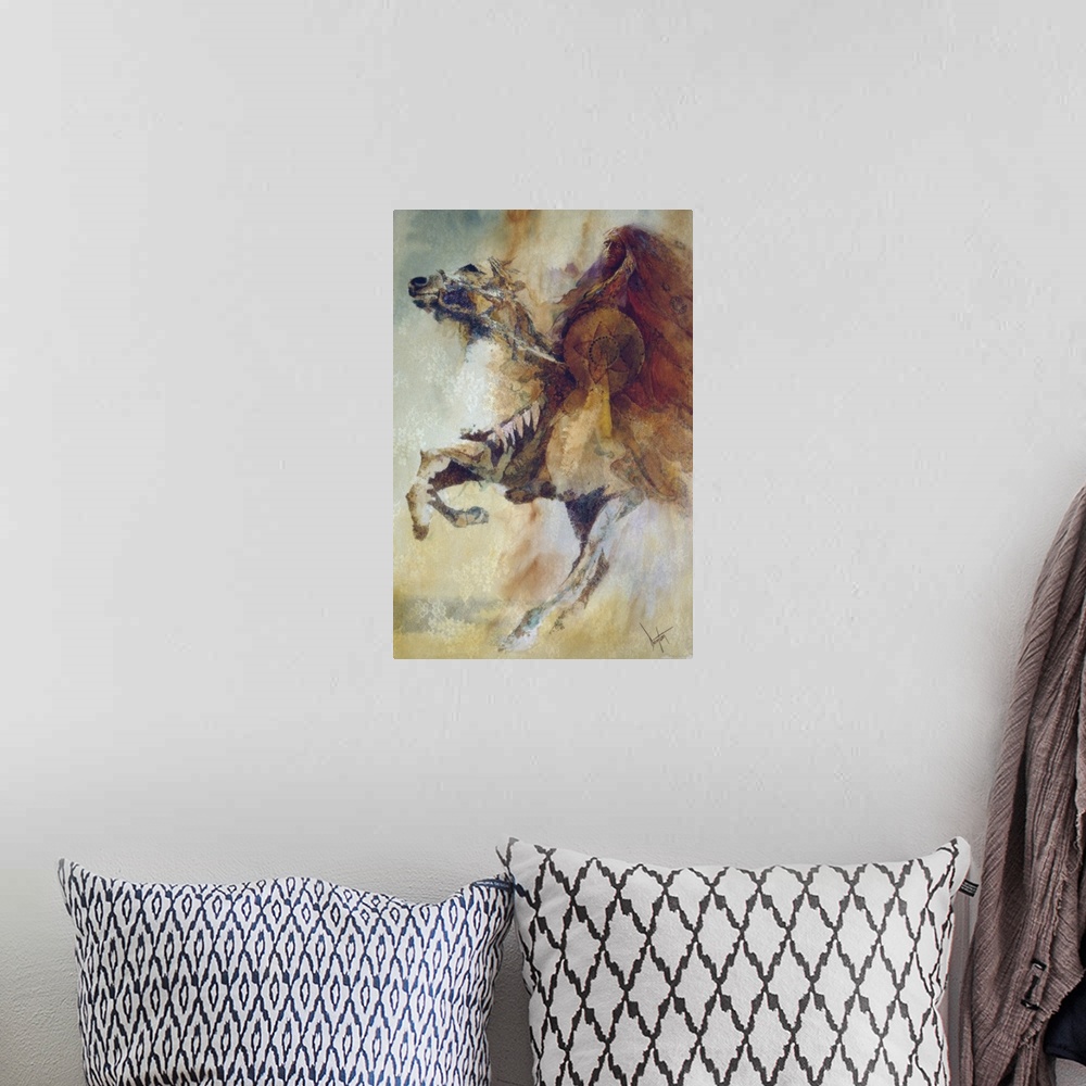A bohemian room featuring A contemporary painting of a Native American chief sitting atop a horse rearing up.