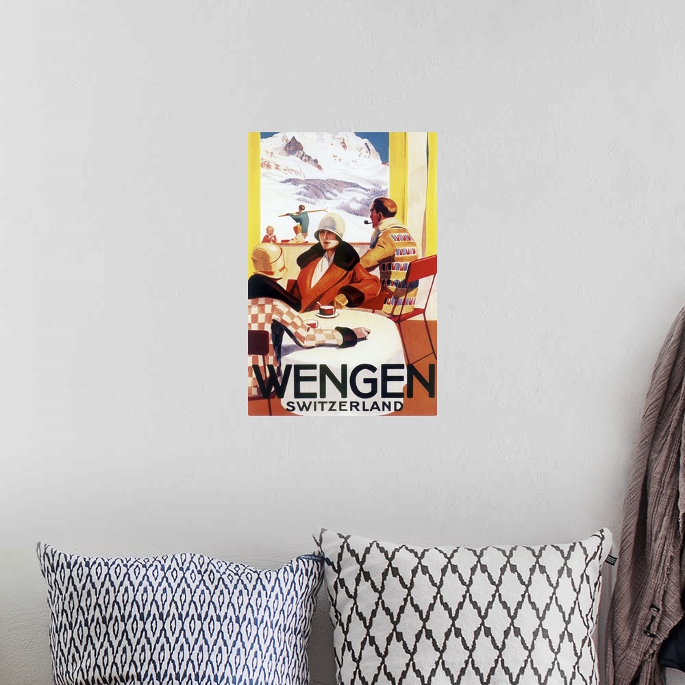 A bohemian room featuring Vintage poster advertisement for Wengen
