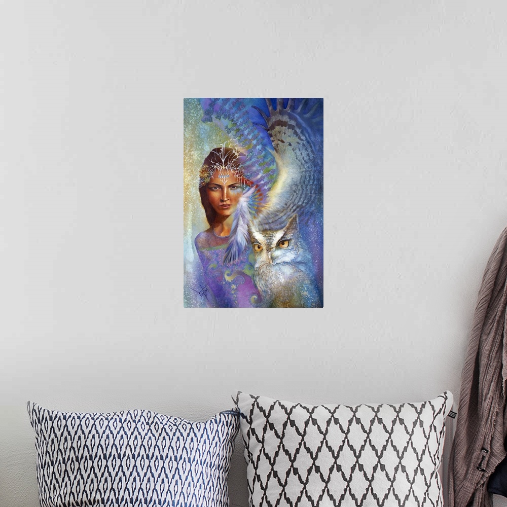 A bohemian room featuring A contemporary painting of a woman staring straight on and surrounded by colorful fractals and th...