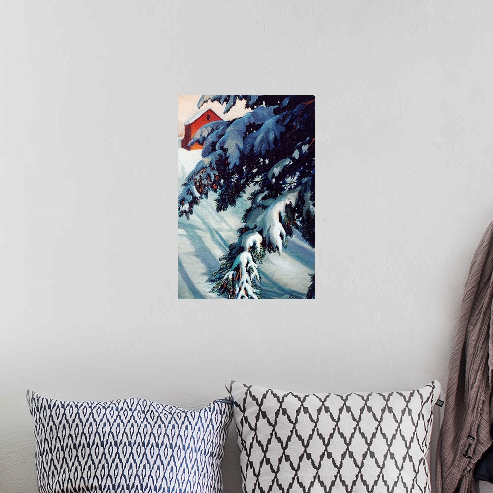 A bohemian room featuring Contemporary artwork of tree branches laden with snow in front of a barn.
