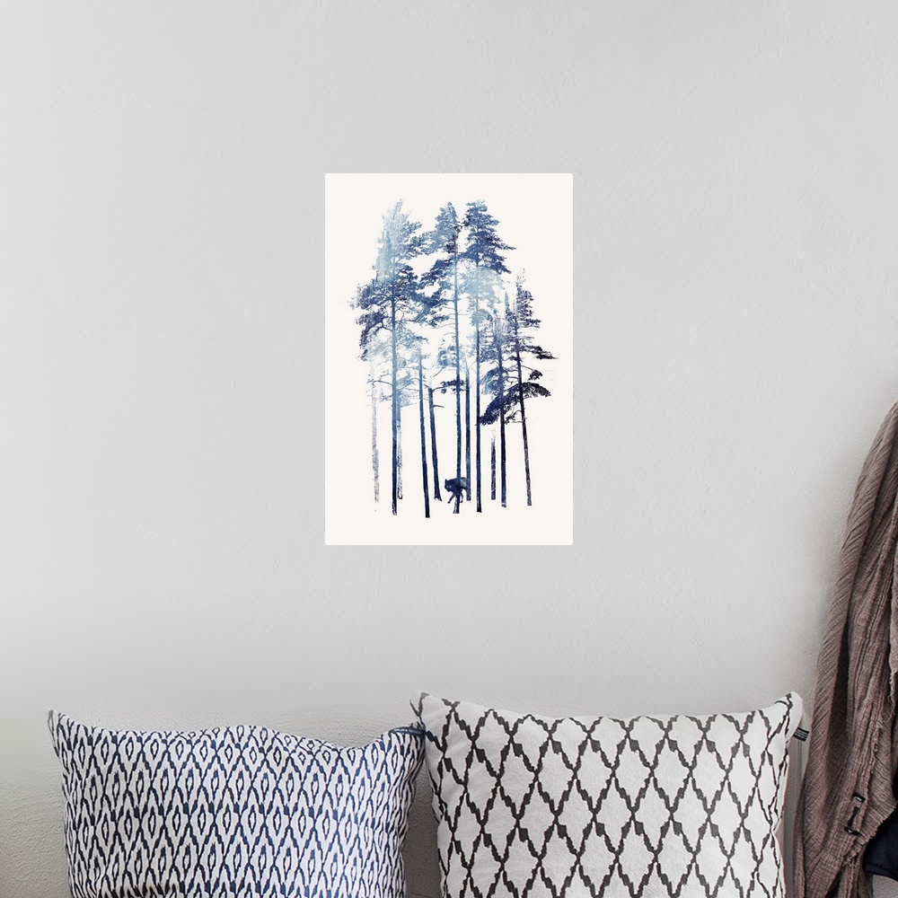 A bohemian room featuring Contemporary artwork of a wolf moving through a grove of tall trees.