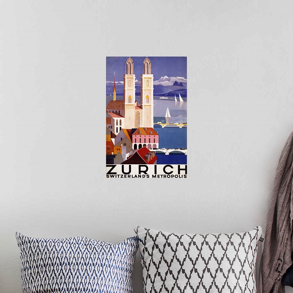 A bohemian room featuring Vintage poster advertisement for Zurich.