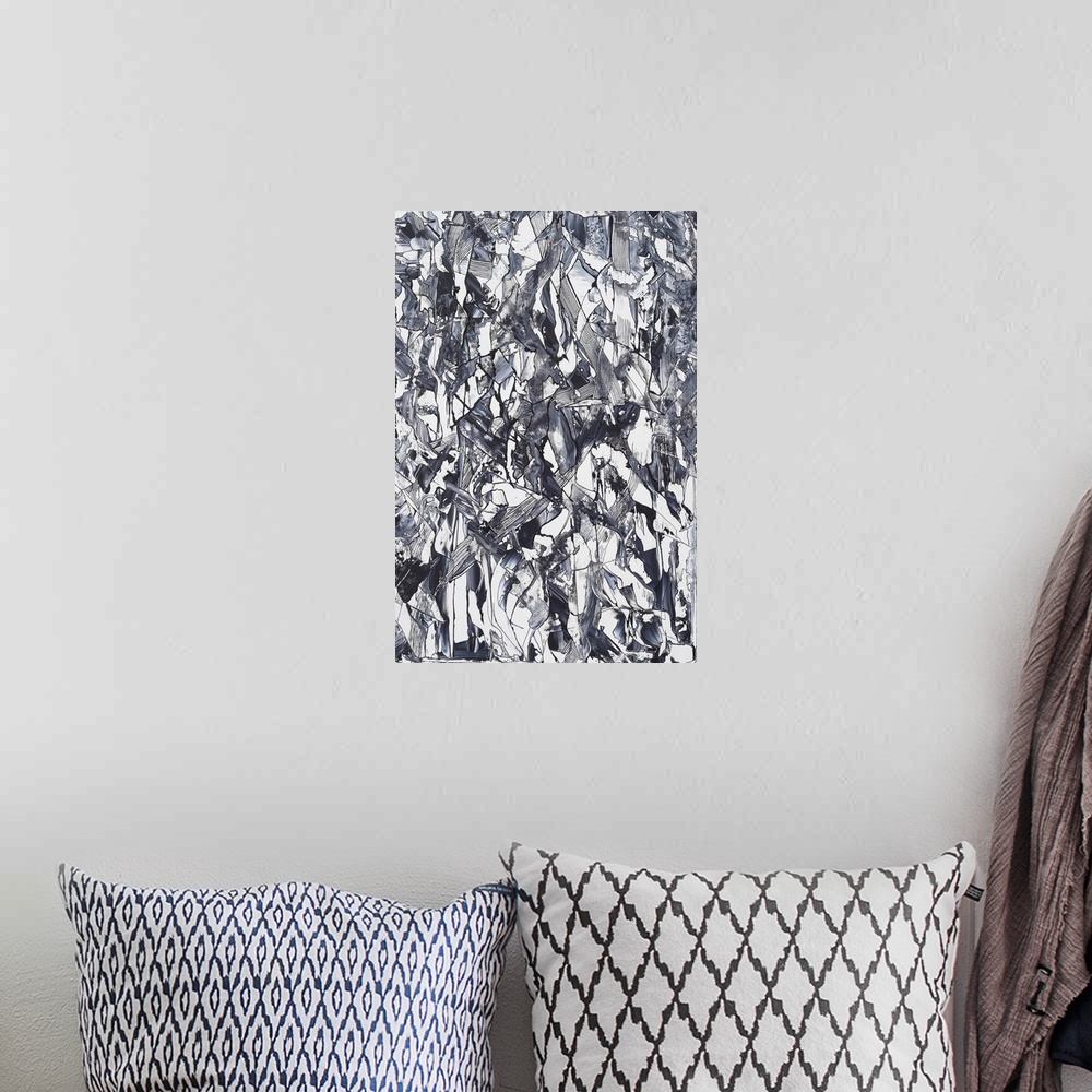 A bohemian room featuring Painting on paper of a black and white medley of organic shapes.