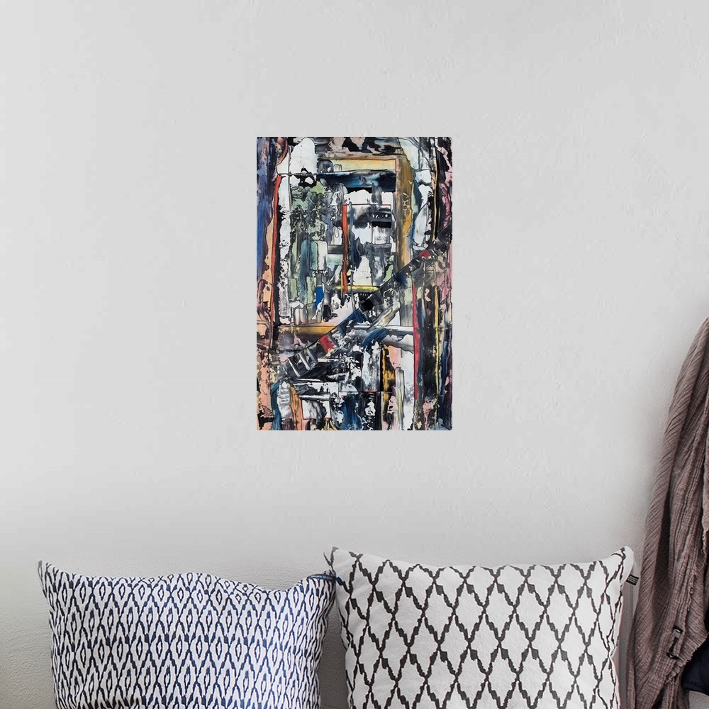 A bohemian room featuring Painting on paper of industrial form softened with vibrant tones.
