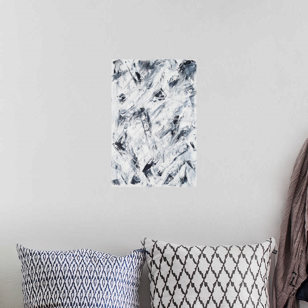A bohemian room featuring Painting on paper of a mural of soft muted tones.