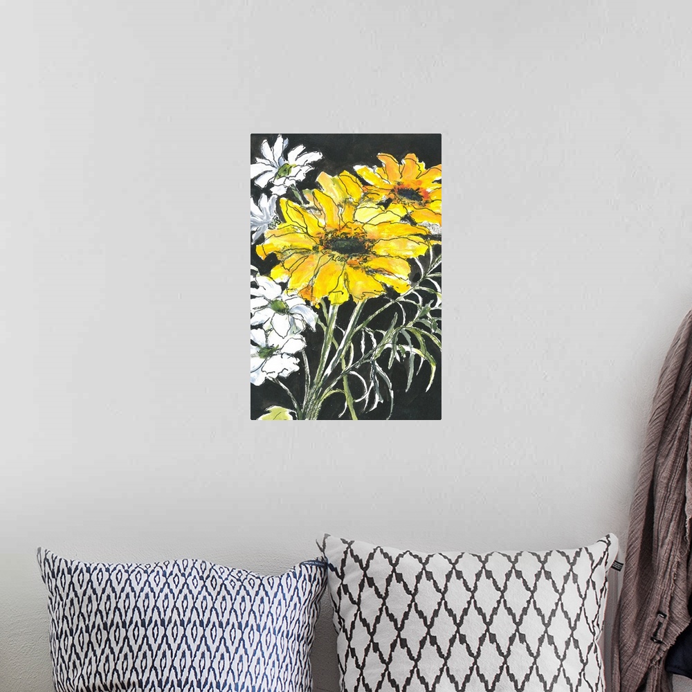 A bohemian room featuring Bright pen and wash contemporary drawing of yellow and white flowers on a black background.